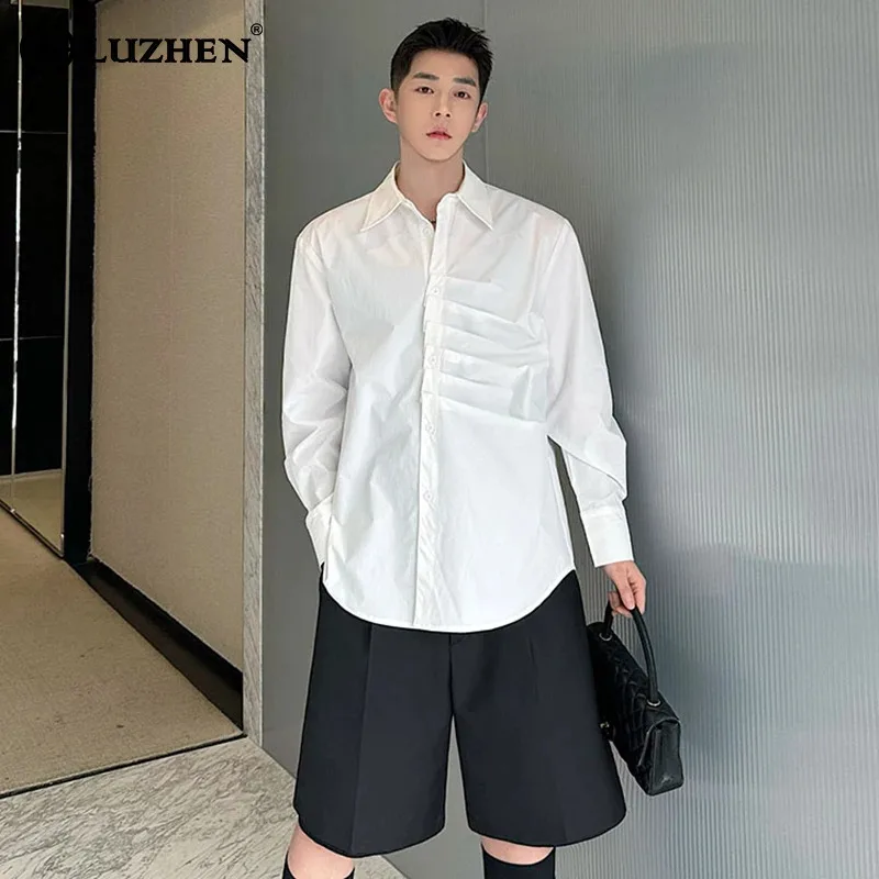 

LUZHEN 2024 Stylish Pleated Design Long Sleeve Shirt Personality Elegant Solid Color Temperament Original New Social Tops LZ5173