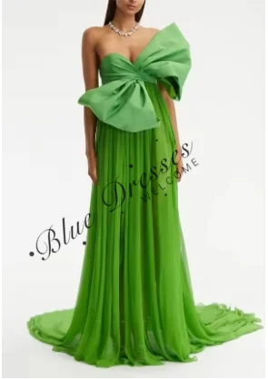 

Customized Long Green Taffeta Evening Dresses with Bow Mermaid Chiffon Pleated Watteau Train فساتين سهرة Prom Dresses for Women