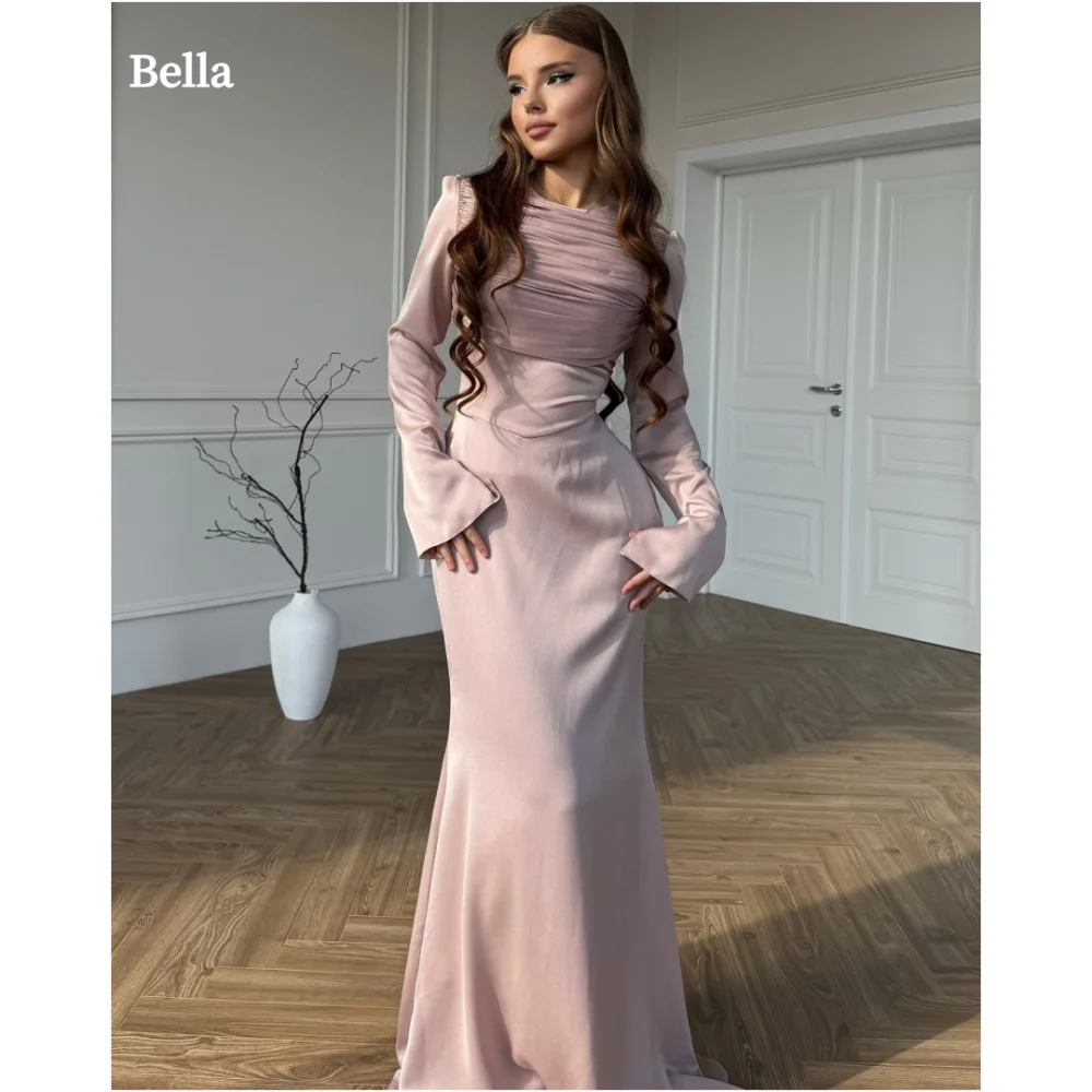 Bella Customized Pink Long Sleeves Mermaid Bell Sleeves robes de soirée Pearl Chiffon Evening Dresses Party Wedding Dress 2024