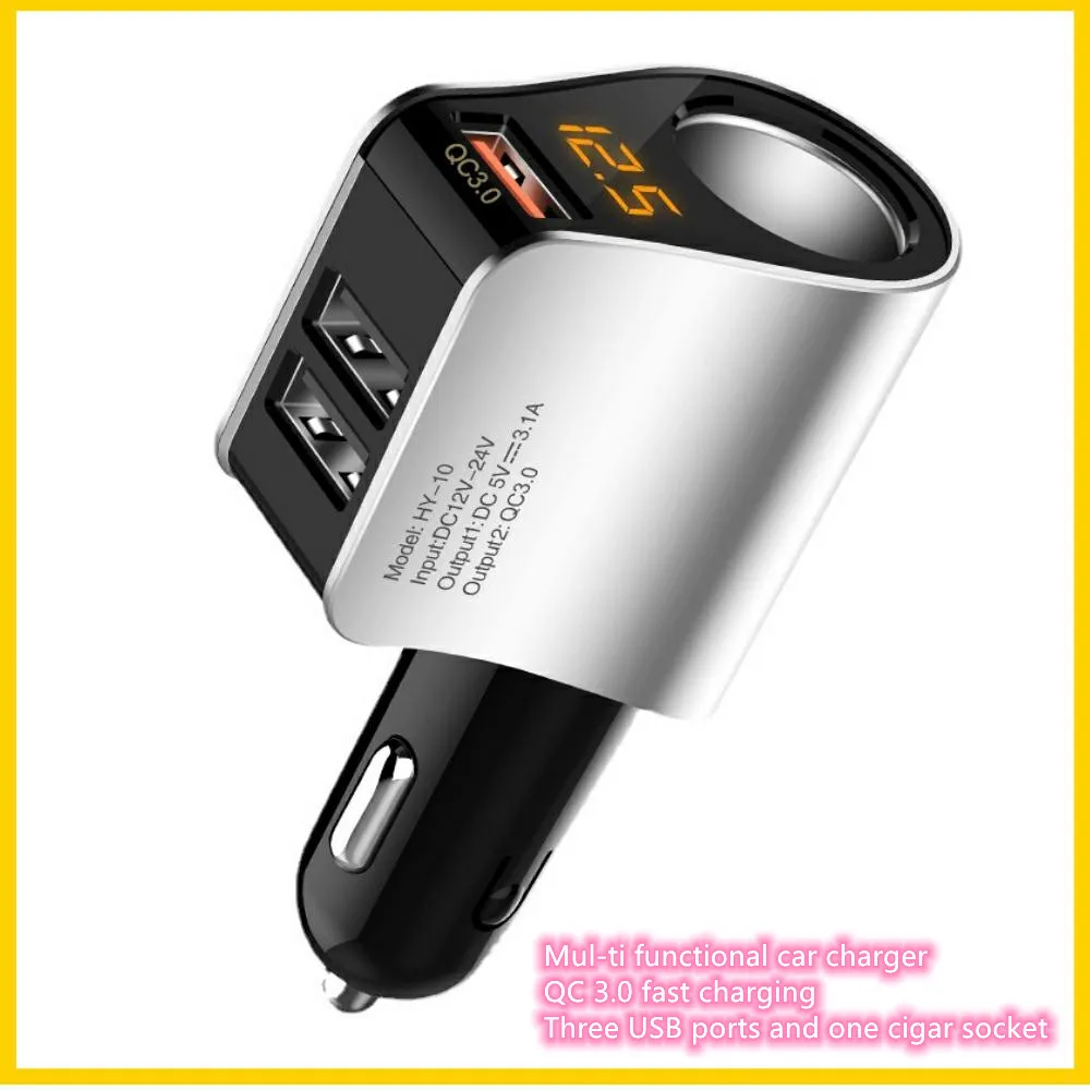 Multi- functional car charger 3 USB ports fast charge cigar lighter socket