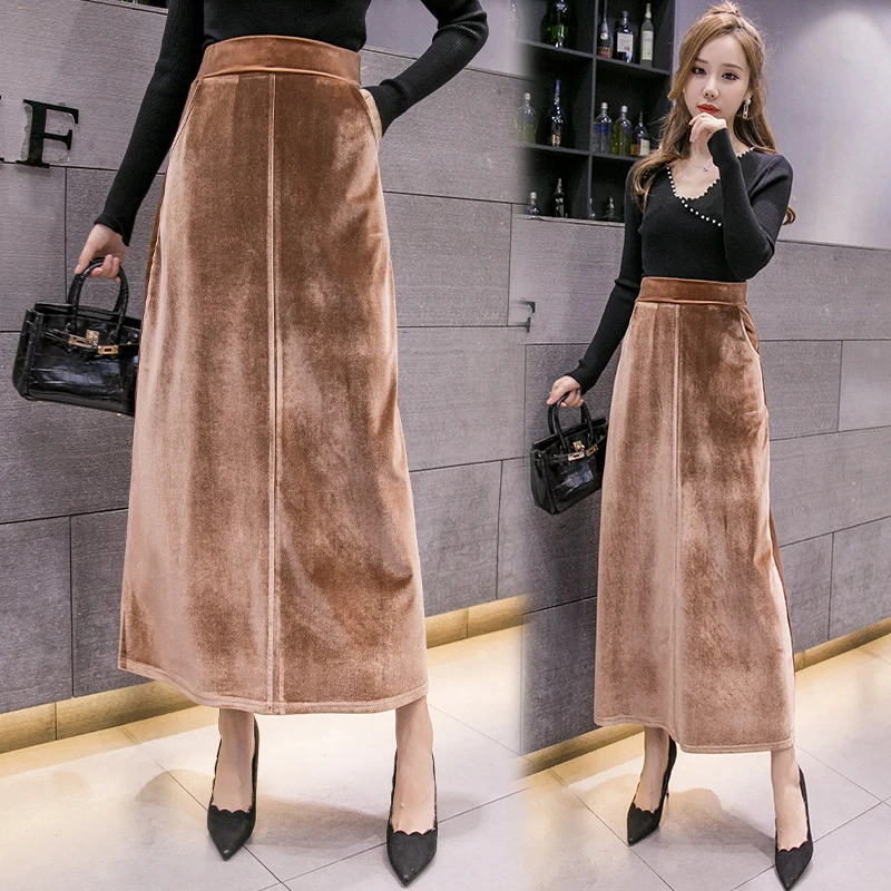 Moda elegante mujer cintura alta largo maxi faldas de terciopelo de invierno de talla grande Otoño y primavera faldas de terciopelo faldas de fiesta