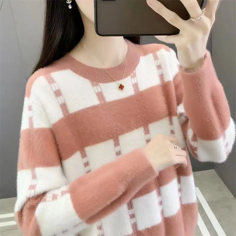 New Style Autumn and Winter Women\'s Color Block O-Neck Long Sleeves Loose Knitted Pullovers Sweater Fashion Casual Commute Tops