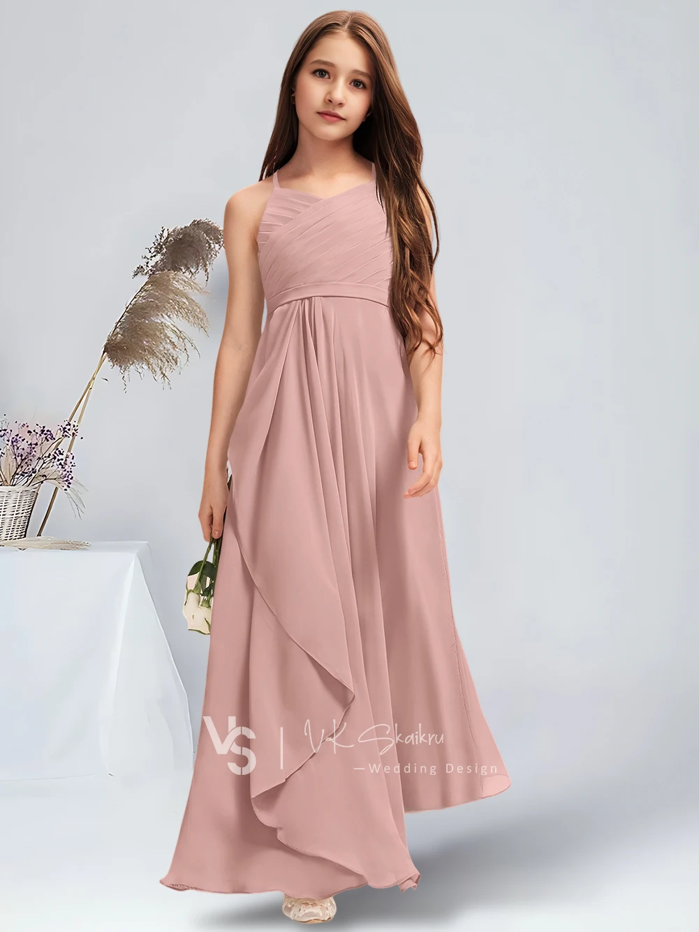 Vestido linha a com decote em v até o chão, chiffon, vestido de dama de honra júnior com babados em cascata, vestido de flor celadon para adolescentes de casamento