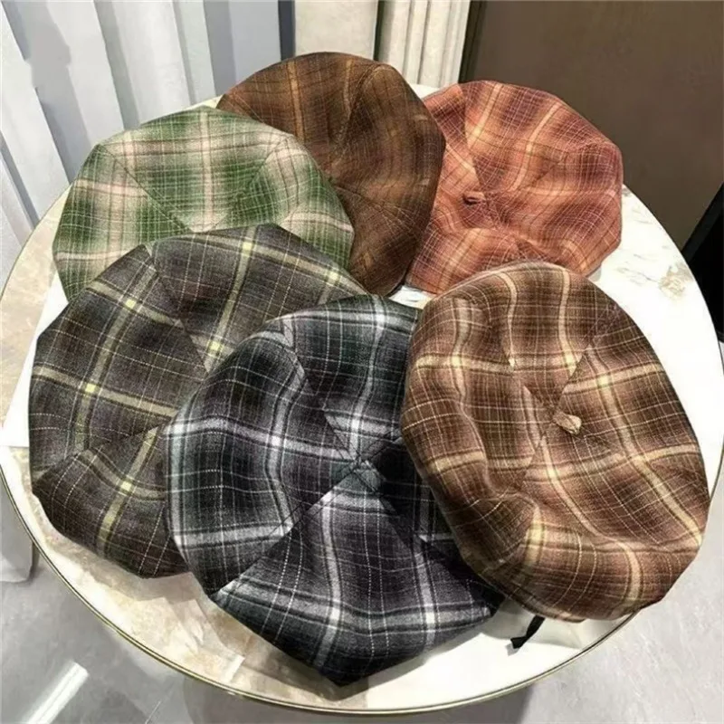 Fashion Women Plaid Octagonal Beret Hat Vintage Tartan Check Soft Artist Cap Adjustable Casual Street Autumn Winter Daily Wear