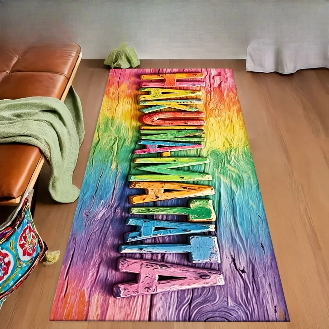 Rainbow Wooden HAWAII Letter Hallway Runner Rug  Colorful Vintage Wood Grain 3D Text Print Non Slip Washable Entry Floor Mat
