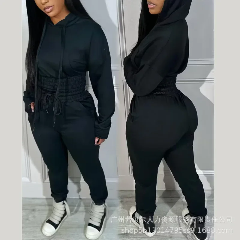 Women Sweatshirts Two Pieces Pant Sets Hooded Pocket Top Pullover Pencil Pants Drawstring Splice Solid Casual Sport Suits