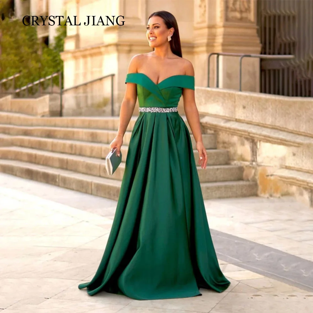 

Vintage Long Green Off the Shoulder Beaded Satin Prom Dresses Short Sleeves Lace Up A Line Floor Length Vestido De Festa Longo