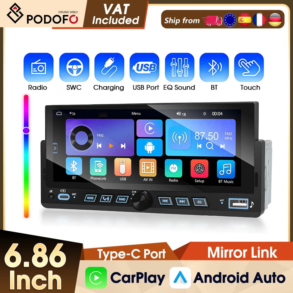 Podofo 1DIN 6,86'' Auto-Multimediaplayer Kabelloses CarPlay Android Auto Mirror Link Autoradio Bluetooth FM USB Rückfahrkamera