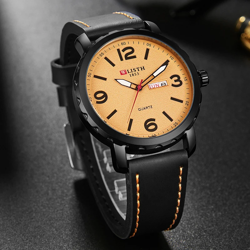腕時計男性トップブランド防水クラシックブラックレザー腕時計ファッションカジュアルカレンダービジネスクォーツ腕時計男性時計ギフト