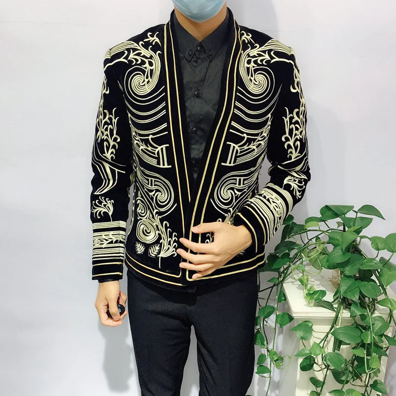 Hausen International Men\'s slim suit embroidered coat Chinese style Phoenix robe casual dress small suit trend