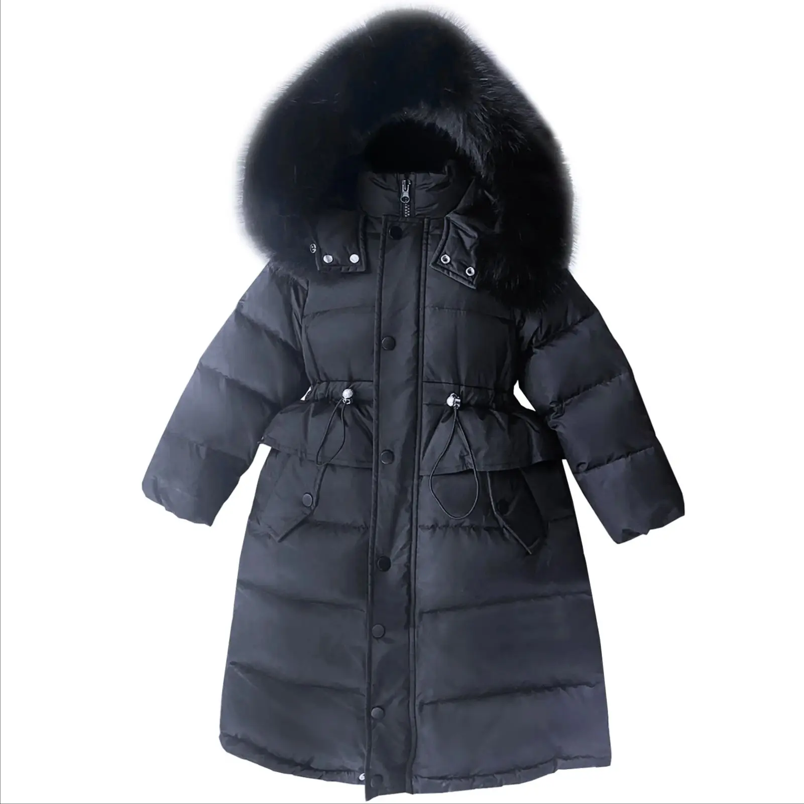 

Teens Parka Big Fur Hoodie Imitation Pearl Drawstring Teenager Girls Winter Skiing Suits Fashion Girls Warm Thick Long Puffer