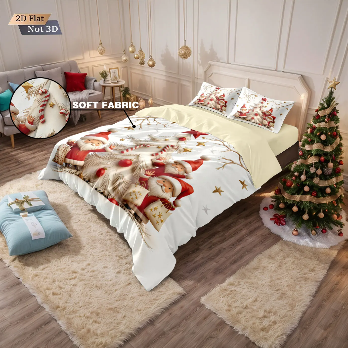3pcs cartoon Christmas tree print coreless duvet set multi size bedroom, dormitory bedding, holiday decoration, machine washable