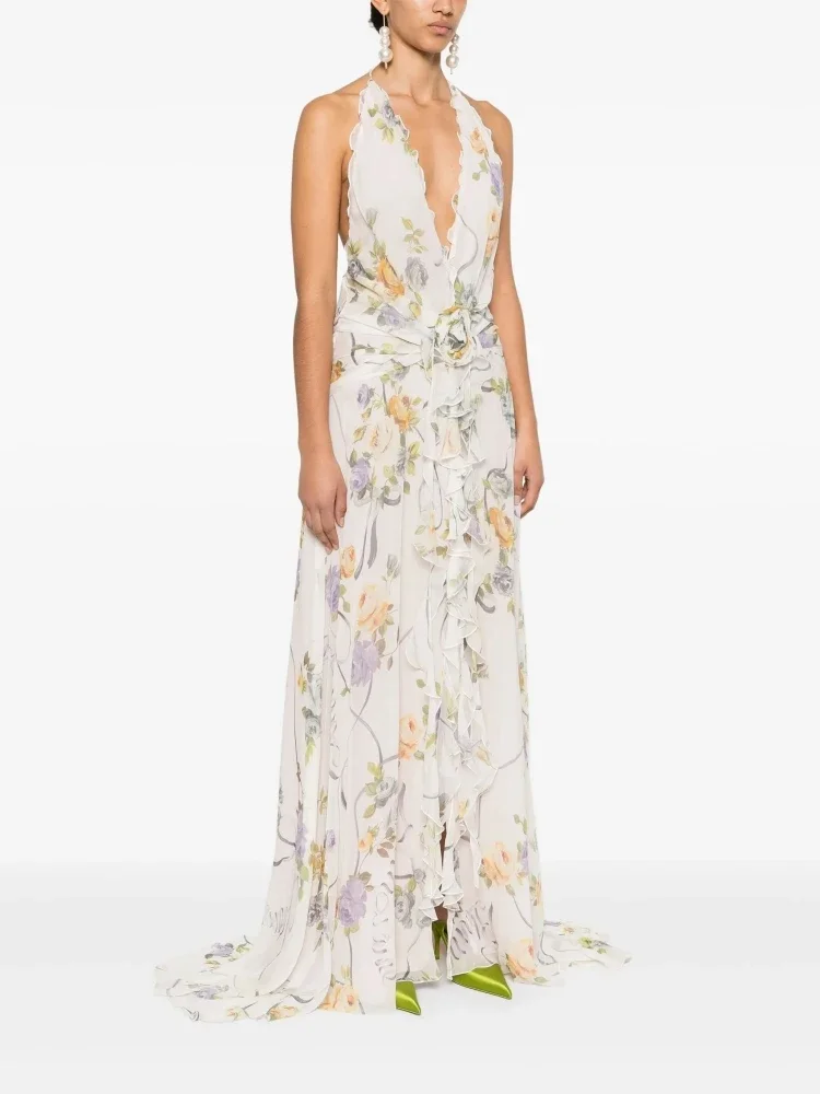 Gaun Panjang Kerut Cetak Leher V Dalam Halter Seksi Gaun Berenda Terbungkus Bunga Punggung Terbuka Tanpa Lengan Wanita Gaun Pesta Malam