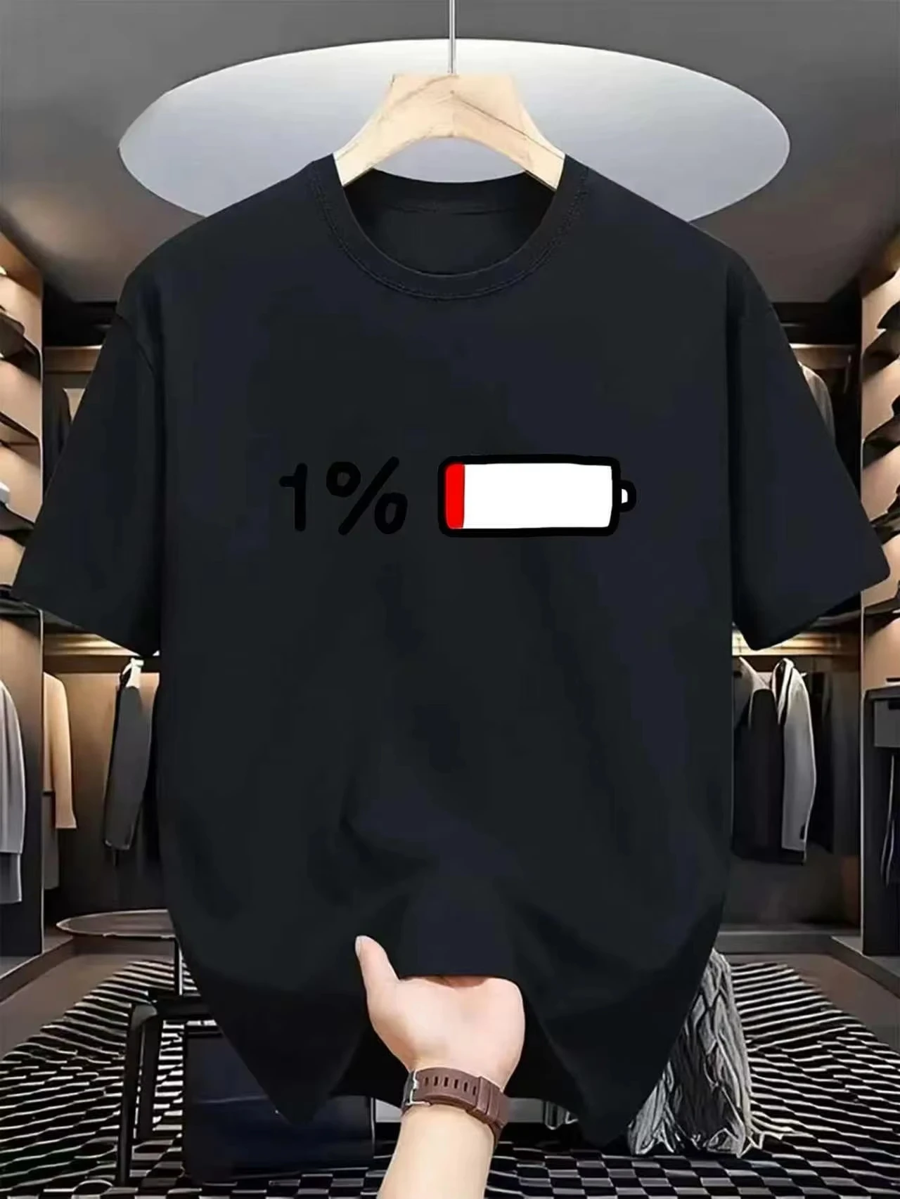 2026  Men Crew Neck T-Shirt Funny Low Battery 1% Graphic Print Casual Short Sleeve Tee