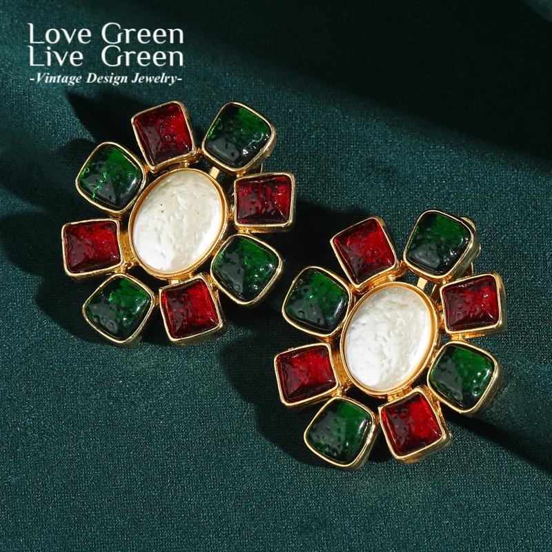 

Vintage Flower Christmas Stud Earring Square Glaze Gold Color Luxury Jewelry Unique Designer For Woman Accessories Thanksgiving