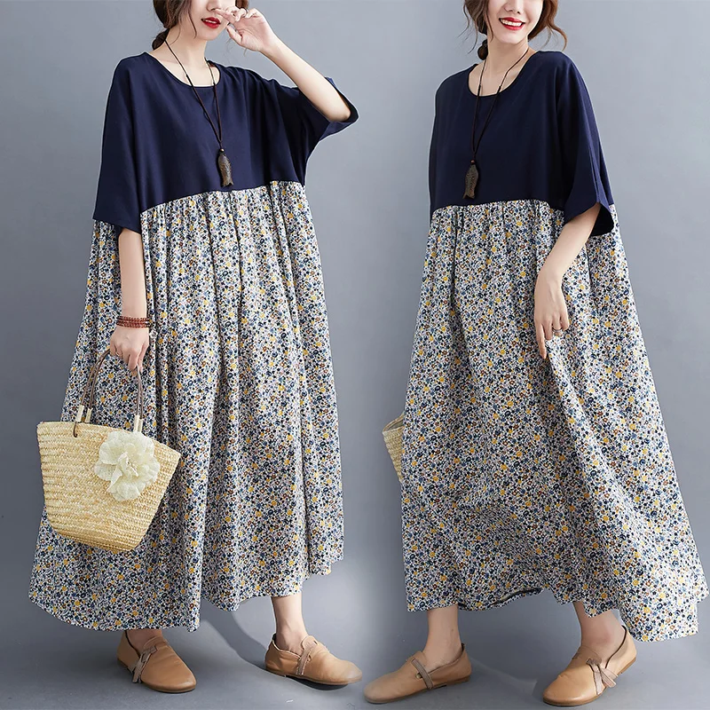 Zomer Nieuwe Plus Size Bloemenprint Maxi Dr Loose Ort Sve Uitlopende Zoom Kleur Blo Sle Plus Size Dames Dr