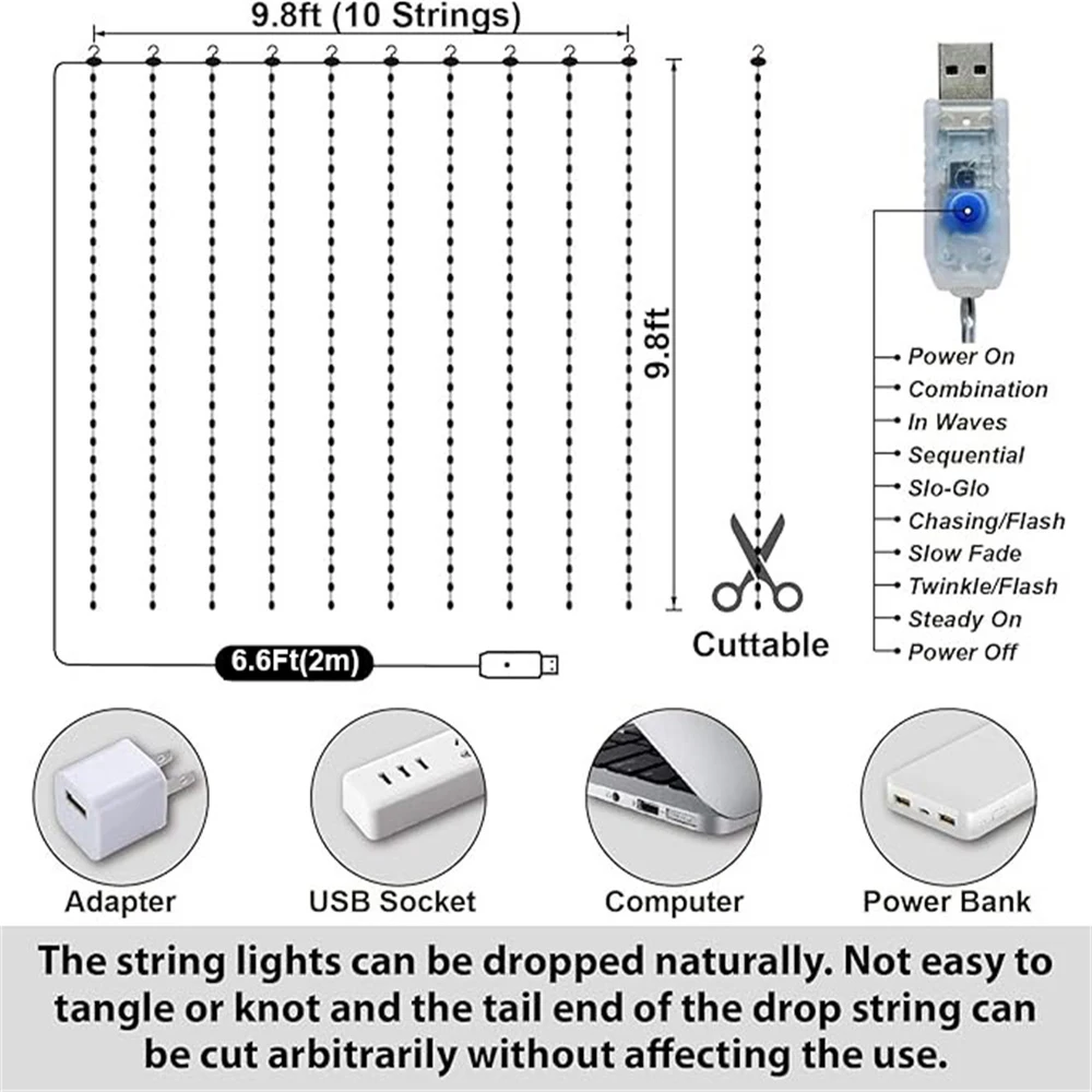 Curtain Fairy Light Waterfall 3x3m 280 LEDs Window Light 5V USB Waterproof Outdoor String Light for Christmas Patio Wall Decor