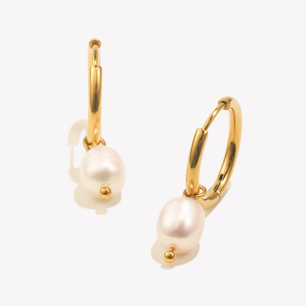 E.B.belle Minimalist Stainless Steel Small Hoop Earrings Freshwater Pearl Charms Girls Ladies Trendy Jewelry 2024 Pearl Earrings