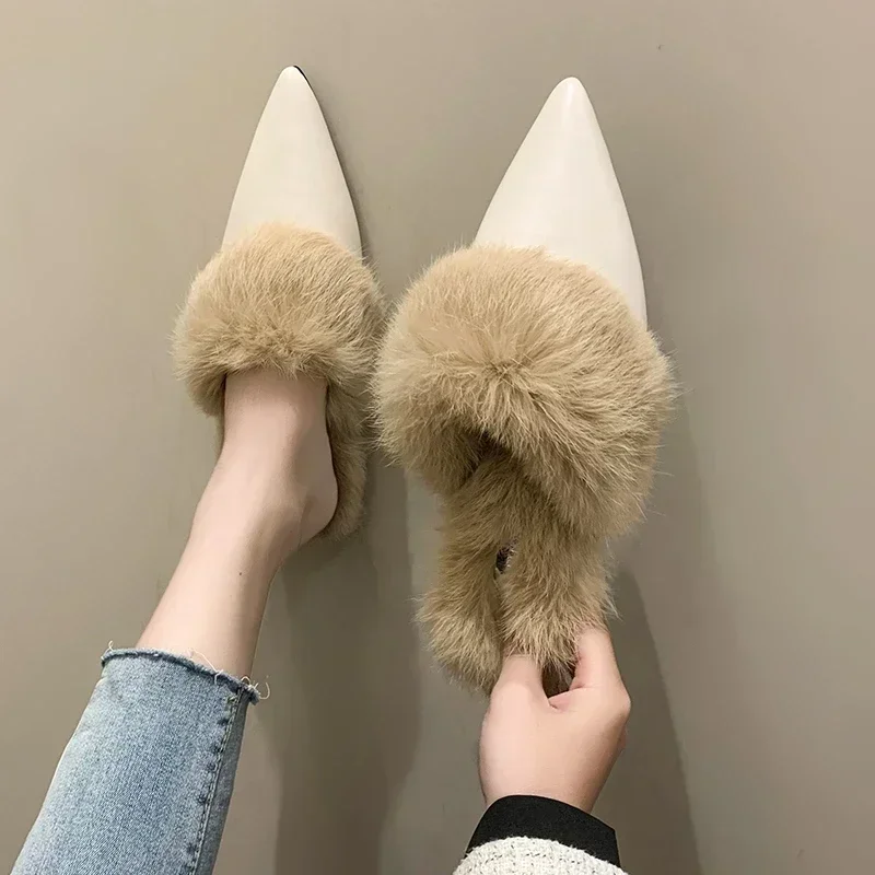 Fashion Winter Plush Women Mules Slippers Slip on Warm Woman Slipper Faux Fur Flat Shoes Pointed Toe Female Ladies Shoes