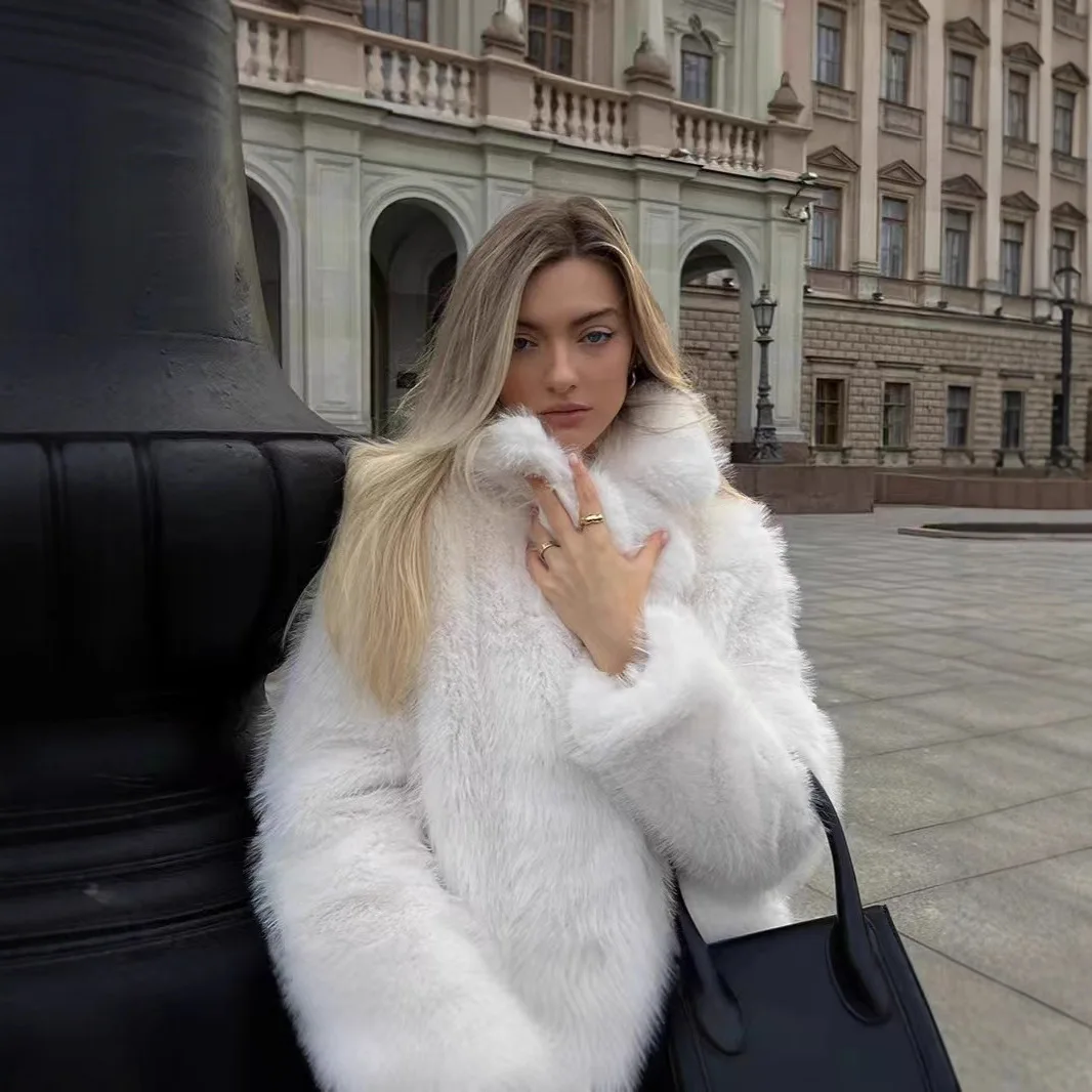 Women Fashion Cropped Faux Fur Coat Plush Fluffy Women's Jacket Front Snap-button Female Outerwear Chic Lapel Thick Coat Clothes