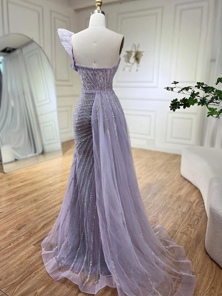 Lilac Purple Hand-beaded One-shoulder Sleeveless Fishtail Banquet Elegant Temperament Dress Wedding Dress