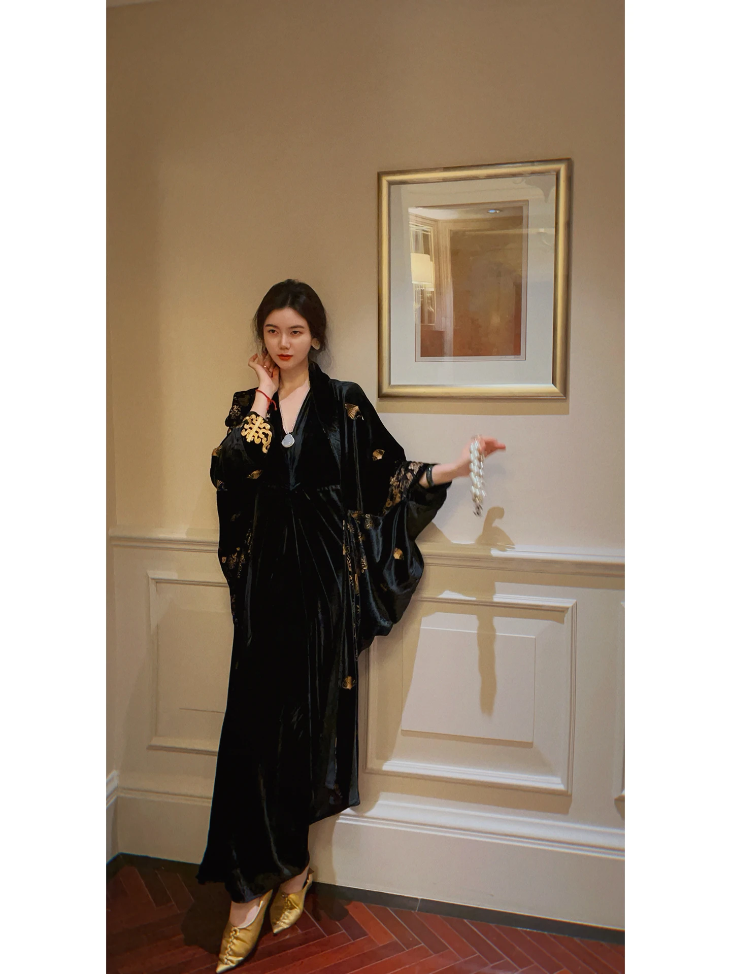 

Yanyan Starry Night Gilded Velvet Jaet Luxury Chinese Sle Long Sve Women's Outerwear Ele National Trend Coat