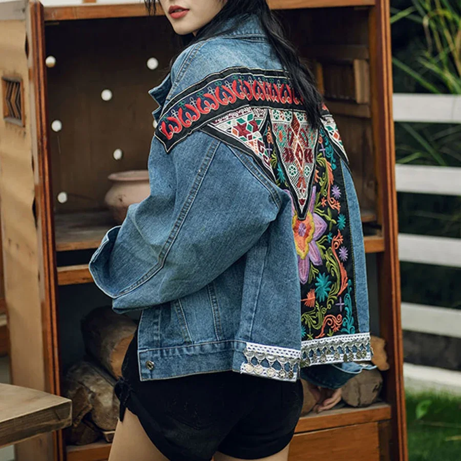 TEELYNN Boho Denim Jacket for Women Autumn Floral Appliques Embroidery Vintage Coat Long Sleeve Outerwear Female Jacket Coatee