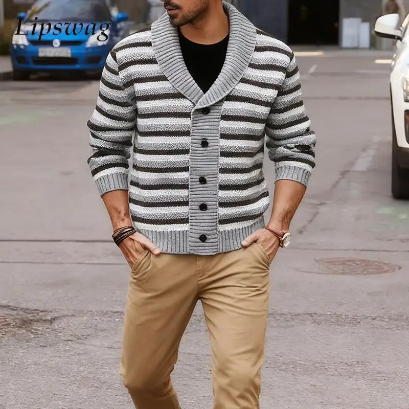 

Autumn Winter Warm Thick Knit Jackets Men Stylish Turn-down Collar Buttoned Sweater Coat Mens Vintage Striped Crochet Cardigans