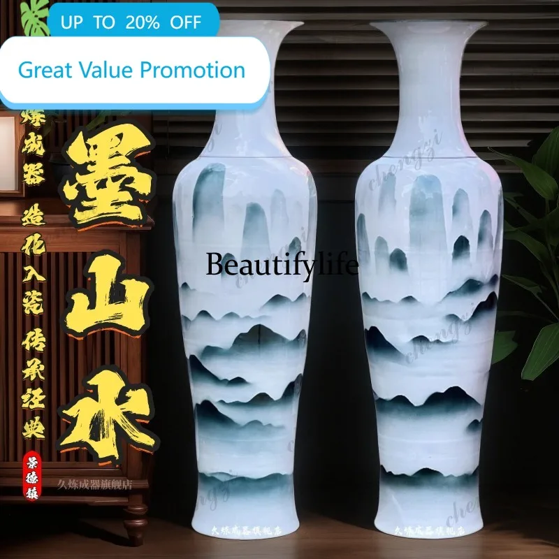 B178 Jingdezhen ceramics hand-painted landscape painting floor-to-ceiling large vase living room study large ornament