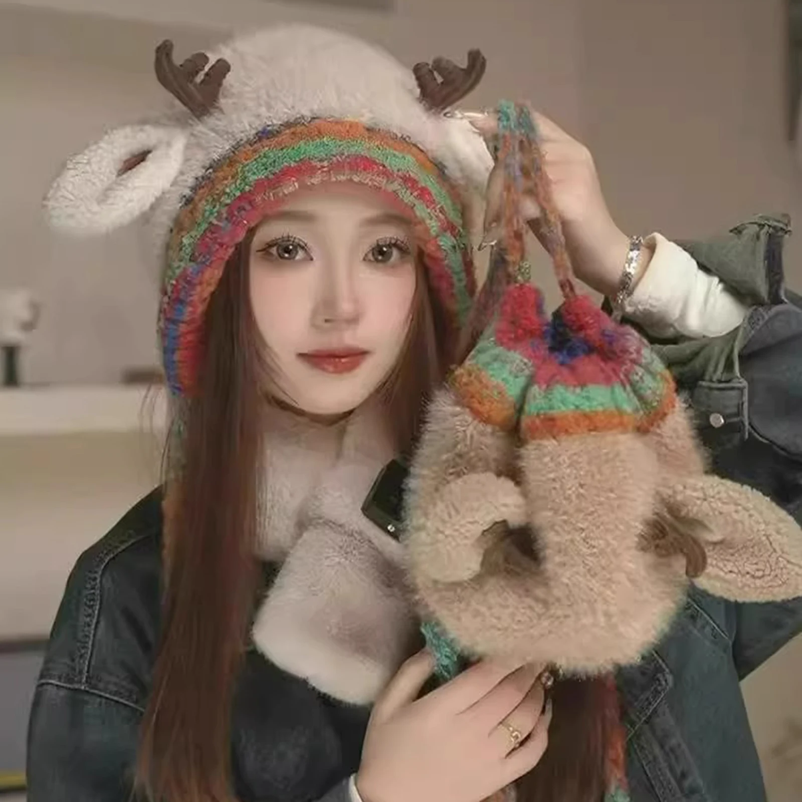 

Шапка для хранения оленя 2-в-1, праздничная рождественская шапка с рогами и сумочка, креативная шапка с рогами и сумка для женщин