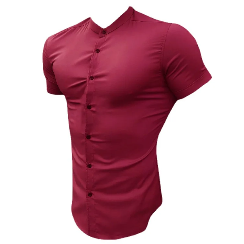 New Fashion Summer Casual Short Sleeve Shirt Men Stand Collar Super Slim Fit Business Dress Shirt Mens Button Gym Fitness Tops