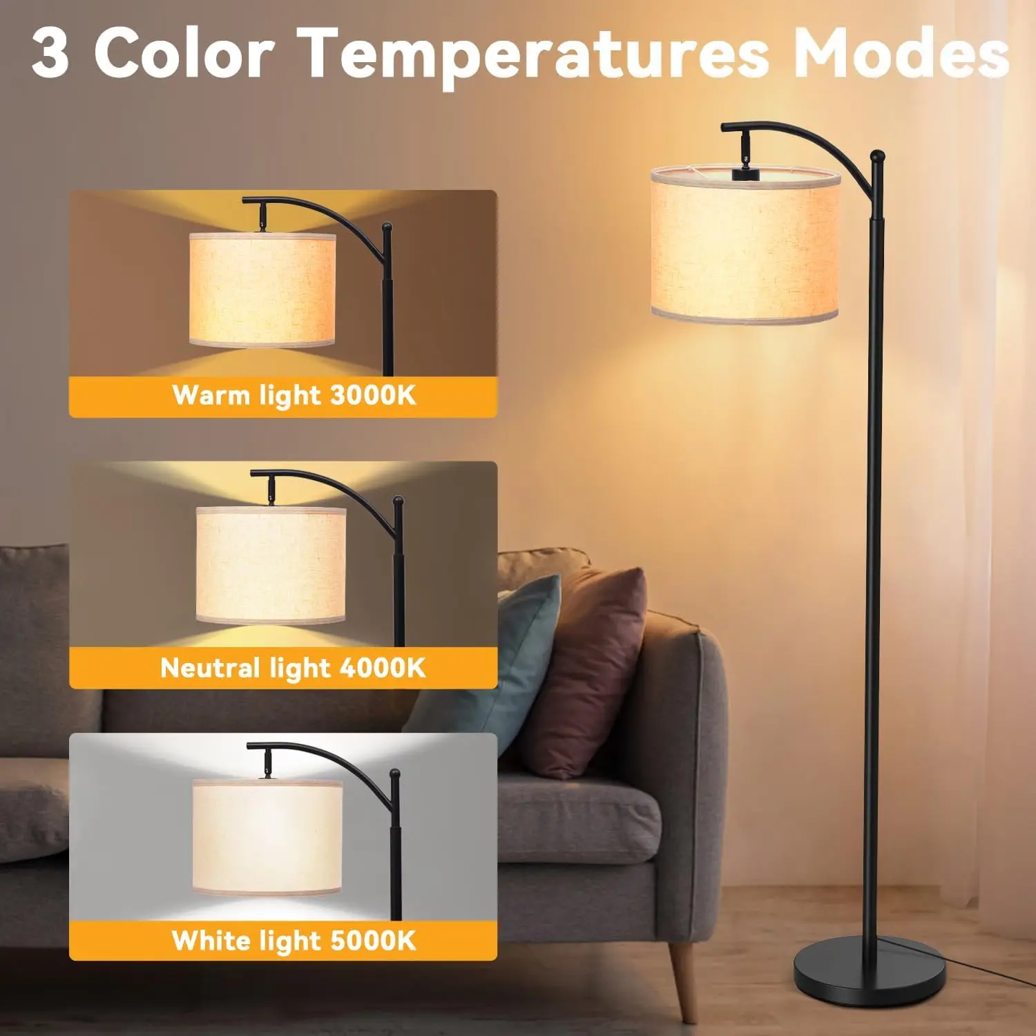 LED Floor Lamp With Remote Control 3 Color Temperature Dimmable Modern Standing Lamp With Linen Lampshade For Living Room