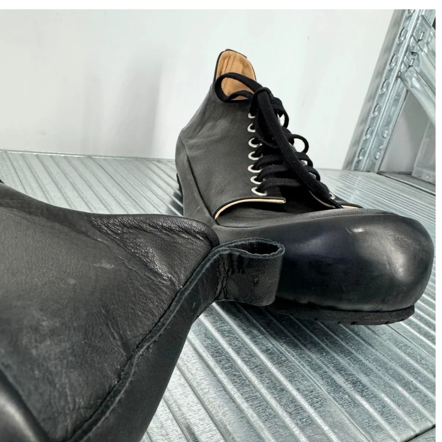 Men's Black Soft Leather Lace Up Low Top Shoes Big Round Toe Design Casual Comfortable Flat Footwear Street Fashion