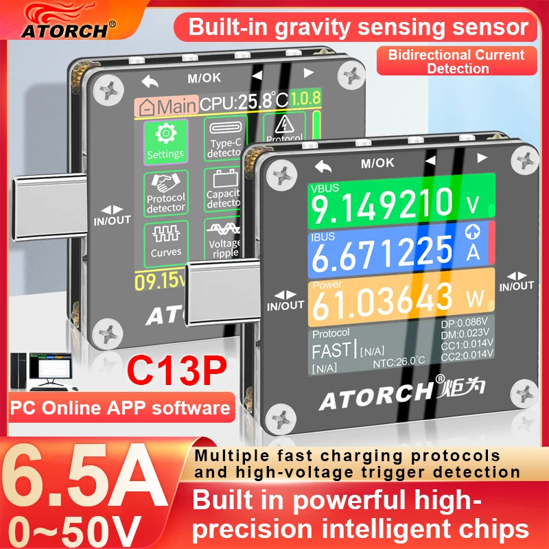 C13P 48V Tester del protocollo di ricarica rapida misuratore di corrente di tensione USB Type-c PD3.0 Monitor del caricatore del telefono cellulare caratteristiche scalabili