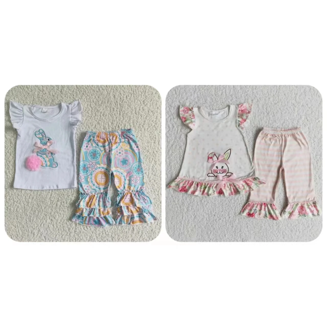 

Wholesale Embroidery Easter Wear Rabbit Floral Kids Spring Children Bunny Outfit Baby Girl Ruffle Clothing Toddler Clothes