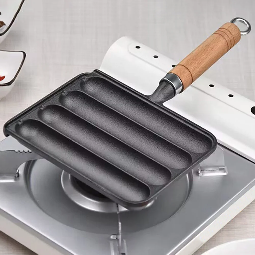 Cast Iron Pre-Seasoned Pot Non-Stick Baking Mold Food Tool with Wooden Handle Hot Dog Mold Pan Anti-Scald BBQ Supply Grilled Pot