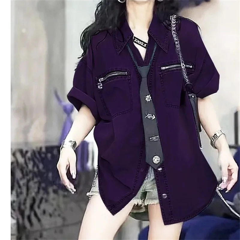 Fashion Denim Short Sleeve Shirt Casual Double Pocket Wash Jeans Shirt women's New Summer Fashion Brand Loose Joker Coat