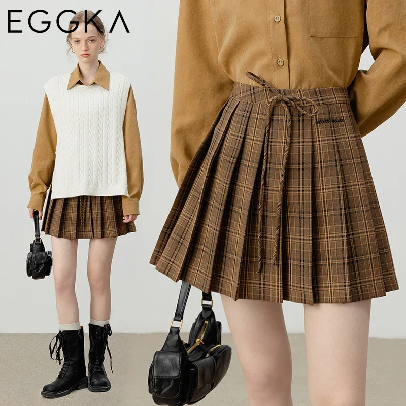 EGGKA American Retro Mini Skirts Brown Plaid Pleated Skirt for Women High Waist A-line Skirts Embroidery Short Skirt 2024 Autumn