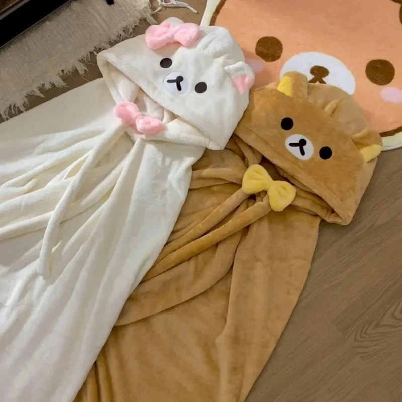 Rilakkuma Plush Cape Cute Animal-Printed Fleece Blanket Stylish Autumn-Winter Warm Bow-Tied Cape Solid Color Bear Hooded Blanket