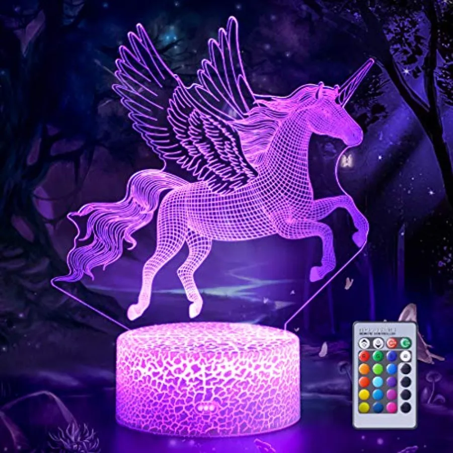 

3D Illusion Lamp Unicorn, 3D Flying Unicorn Night Light Remote Control Desk Visual Lamp 16 Changeable Colors Birthday Gifts Nig