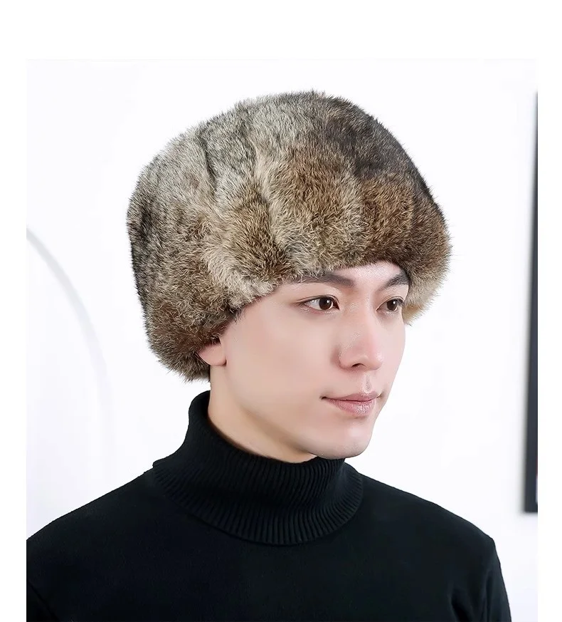 Men's Real Rabbit Fur Hat Winter Warm Beanie Cap Ear Warmers Headwear Black Brown Grey