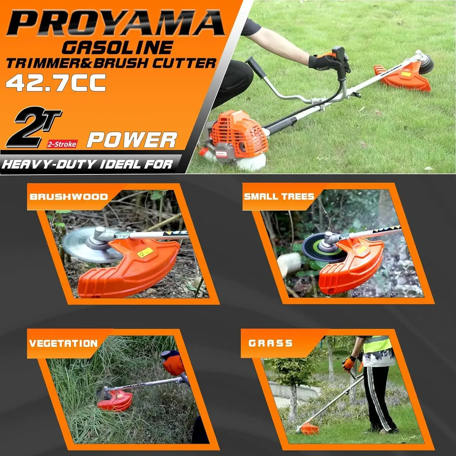 PROYAMA-3 em 1 Weed Eater Wacker, 3 em 1, movido a gás, cortador de escova e aparador de cordas, 2-Cycle Extreme Duty Grass Trimmer 2, 42.7cc