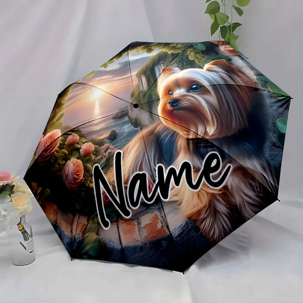 Custom Name Personalized Umbrella with Dog Scenic Sunset Design Print 8 Iron Ribs Folding Umbrella Auto-Open Fashion Sunshade