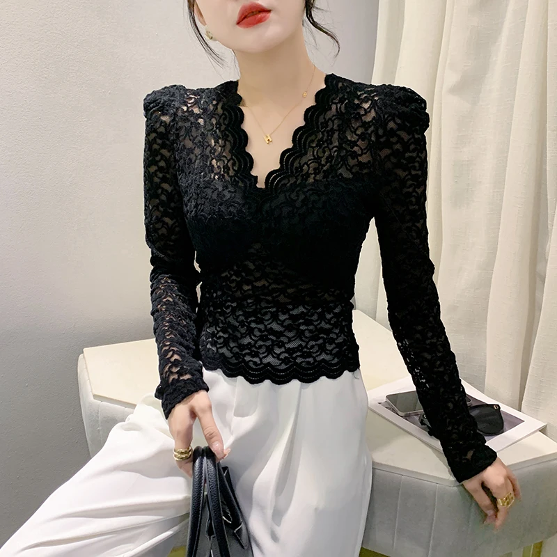 MadBlack New European Clothes Tshirt Women Sexy V Neck Slim Lace Tops Long Puff Sleeve Tees Autumn Winter New T30401JC