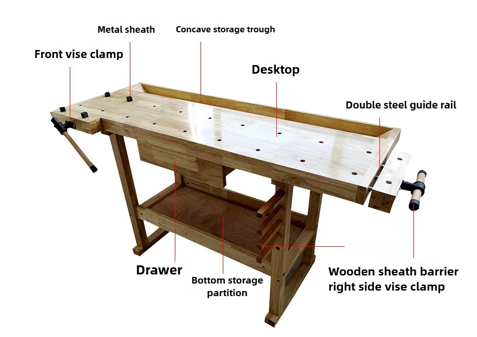 Customized solid wooden workbench table with vise