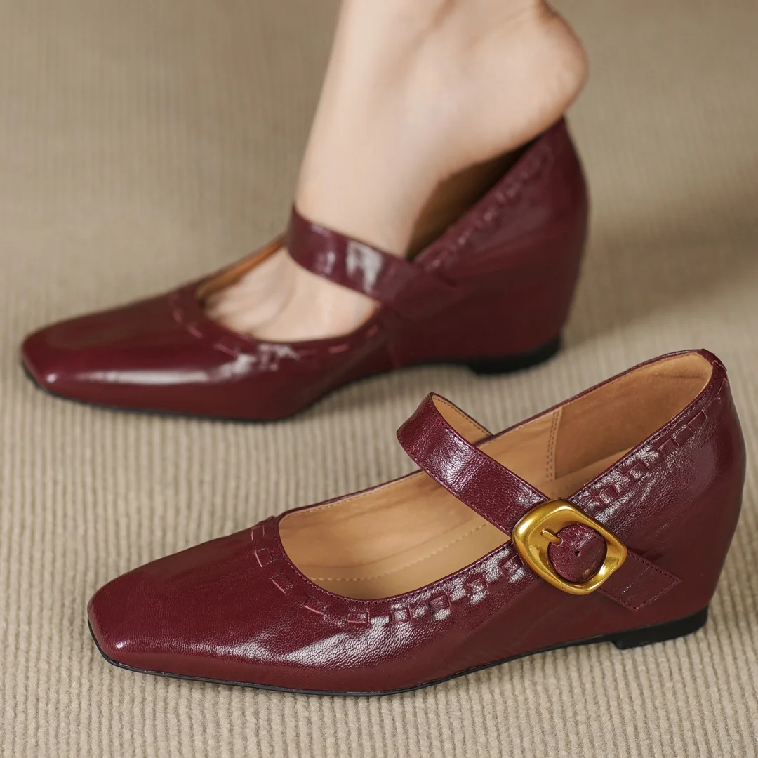 

2025 Autumn new women's sheepskin square toe metal buckle slip-on Mary Jane pumps 5cm wedge med heel causal female heeled shoes