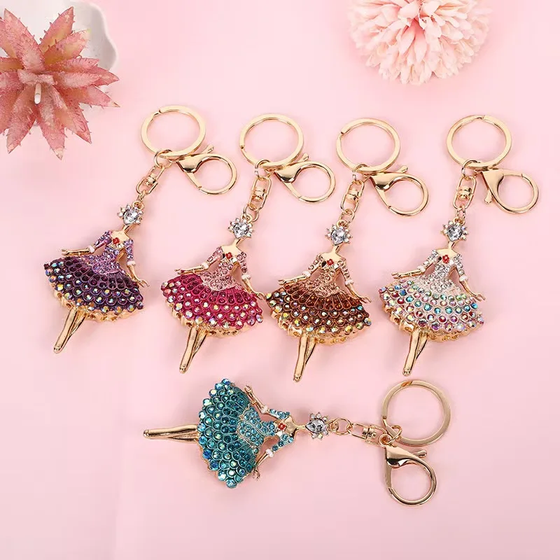 

20pcs/Lot Metal Ballet Girl Keychain Sparkling Crystal Girl Keyring Bags Car Pendants Dancing Key Rings Key