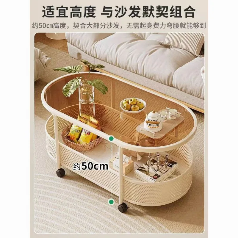 Simple Modern Movable Coffee Table with Wheels Light Luxury Glass Side Table