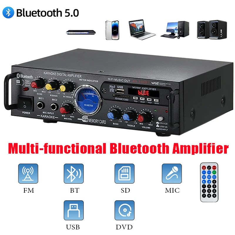 

Усилитель звука Hi-Fi 12В/220В с Bluetooth, цифровой, многоканальный, для дома и автомобиля, профессиональный, подключаемый к сети