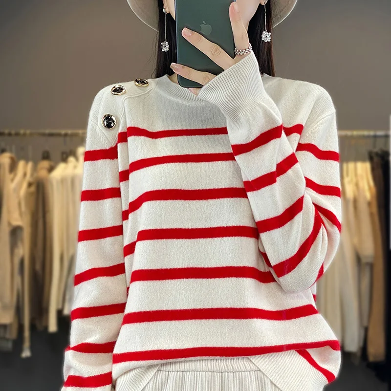 

2024 spring and summerwomans clothinknitted sweaters round-necked pure wool striped pullovers slim long-sleeved Korean fashion s